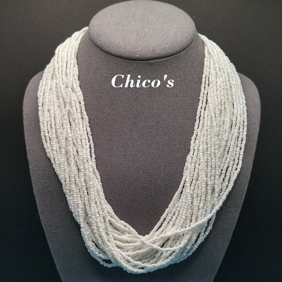 Chico's White Seed Bead Necklace, 30 Strands, Hammered Silver End Caps, 26 Inch - Picture 1 of 12